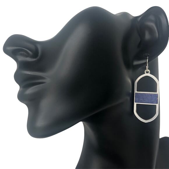 Matte Silver and Blue Oval Bar Drop Earrings - Picture 2 of 5